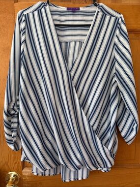 West Kei Blue & White Striped Wrap Blouse